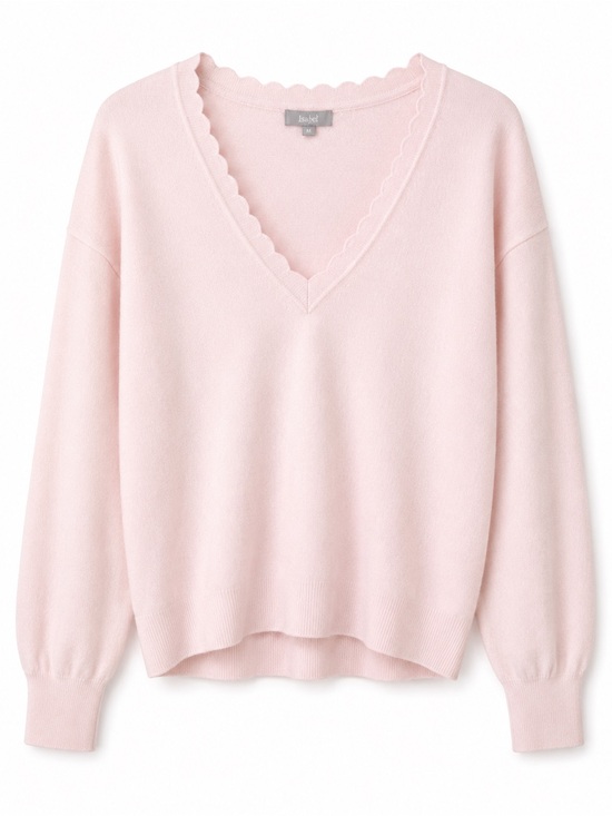 Marled Sweaters - Marled Pink V-Neck Sweater with Scallop Trim